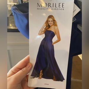Morilee Madeline Gardner 21664. Blue black tie cocktail gown.